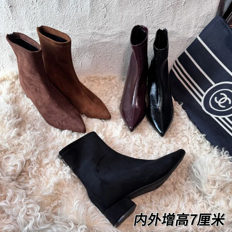 内外增高7CM~秋冬百搭弹力瘦瘦靴女粗跟加绒复古法式高跟尖头短靴