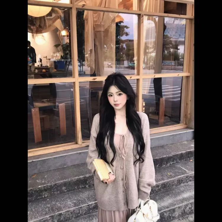 【小p专属】【暖暖】领口抽绳软糯吊带连衣裙+毛衣外套两件套2257