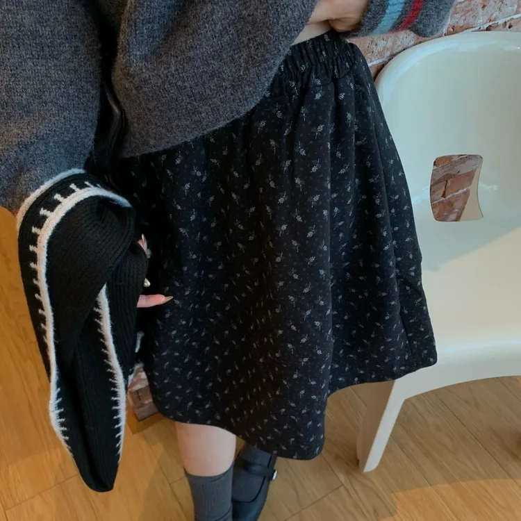 秋冬季韩系碎花半身裙女毛呢花苞裙复古蓬蓬裙伞裙中裙