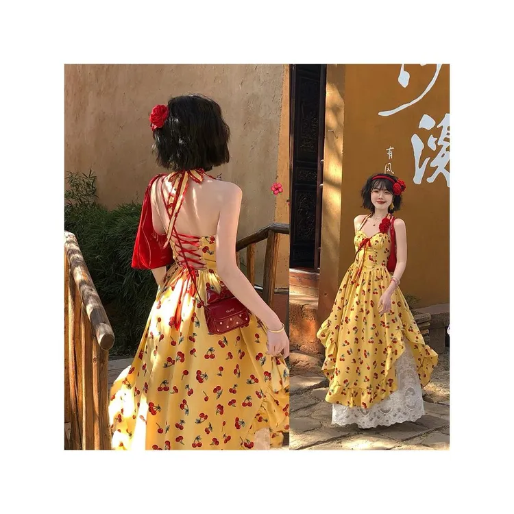 2025新款 【乱糟糟】“热带樱桃”度假风不规则露背吊带裙+半身裙碎花