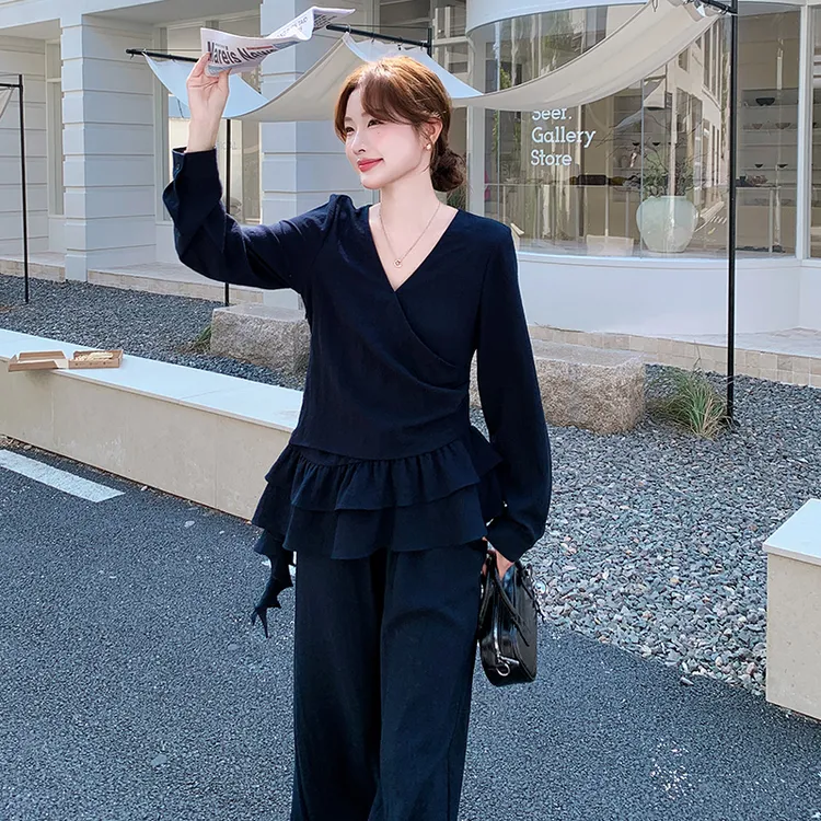 气质慵懒风V领不规则上衣阔腿裤两件套女2025年秋季巨好看的套装