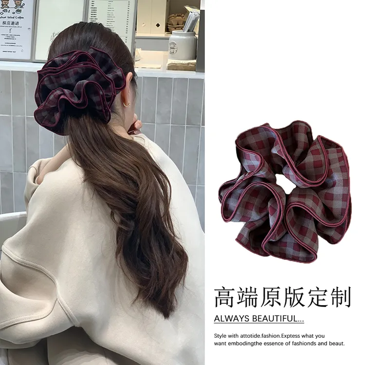 复古韩系紫色格子大肠发圈发饰女款高级感扎头发大号头绳皮筋头花