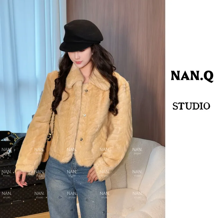 韩系高级感金叶貂环保仿皮草外套女25冬季新款皮毛一体保暖上衣