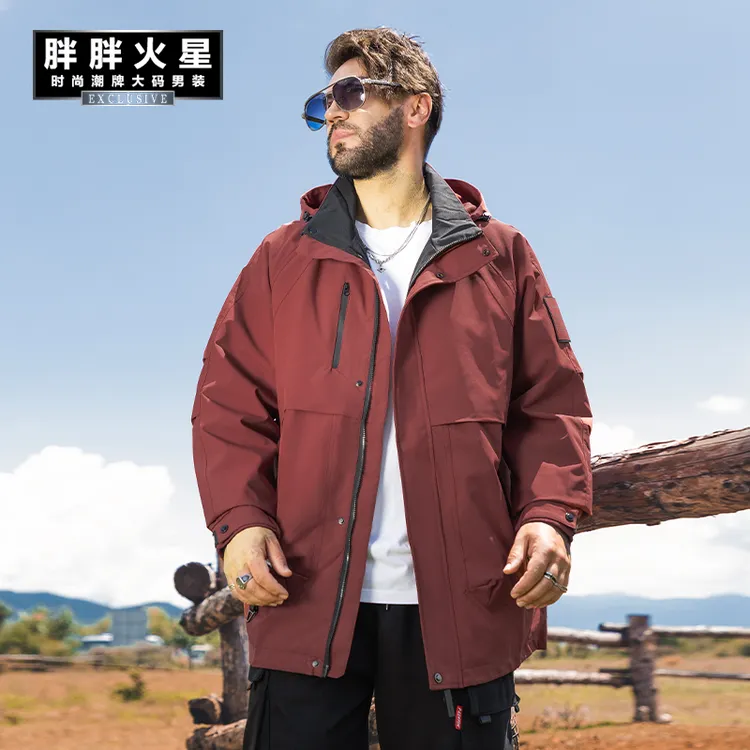 胖胖火星大码男装秋冬连帽工装休闲加绒外套男胖子户外防风冲锋衣