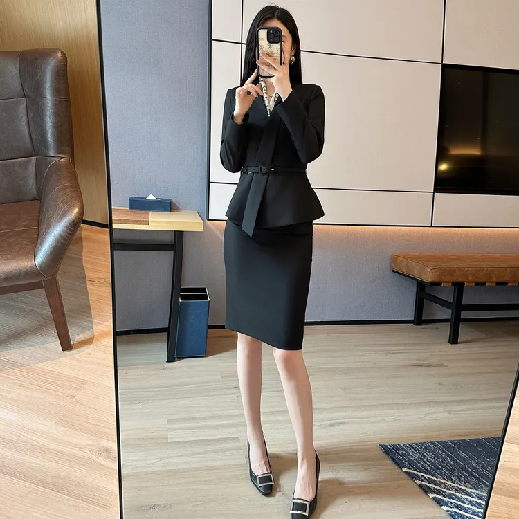 2025款长袖职业女裙西装套装黑色职场新中式英伦风可露丽风