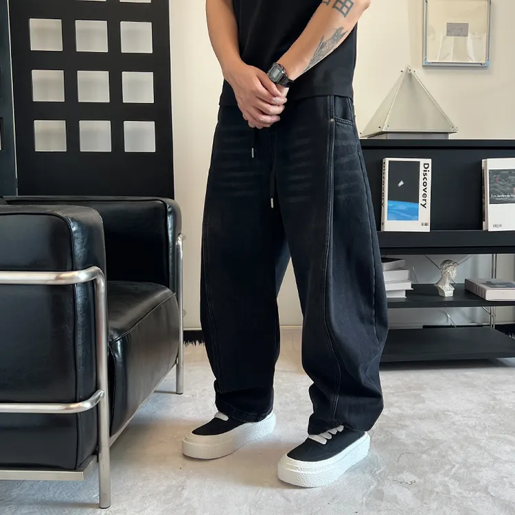 潮牌美式复古水洗做旧加绒牛仔裤男冬季宽松弯刀阔腿休闲保暖长裤