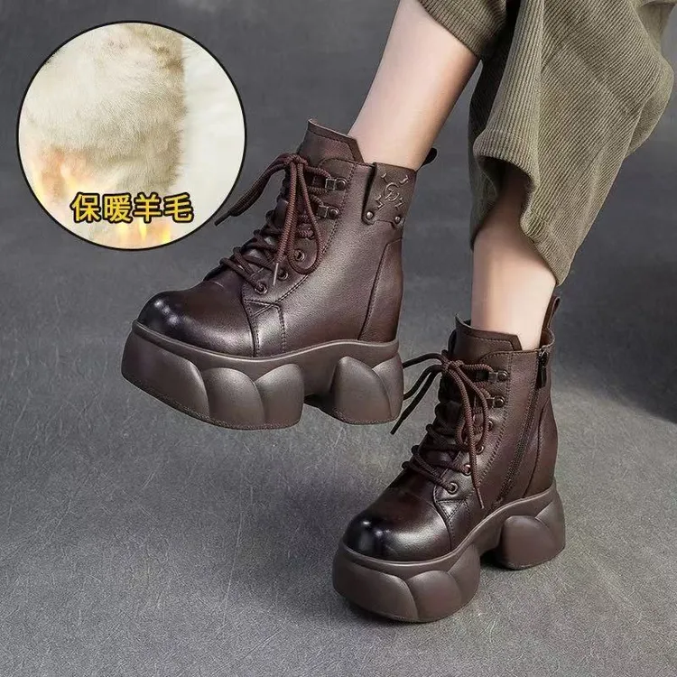 9168-39鑫冬季新款牛皮厚底内增高加绒马丁靴复古羊毛保暖短靴女