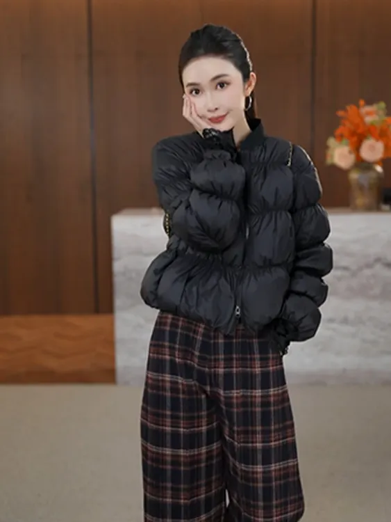 黑色立领短款面包服女装2025冬季新款小个子保暖加厚棉服外套潮流