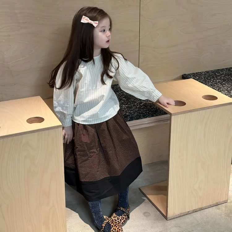 甜小七女童2025秋季新款韩版洋气条纹套头上衣格子半身裙休闲套装