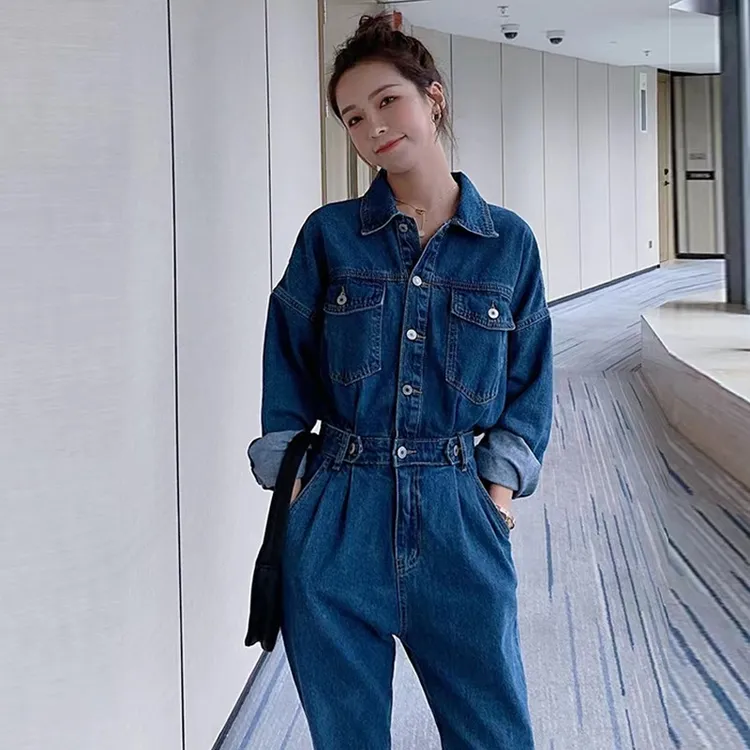 牛仔连体裤女春秋韩版高腰显瘦气质长袖连衣裤休闲复古工装套装女