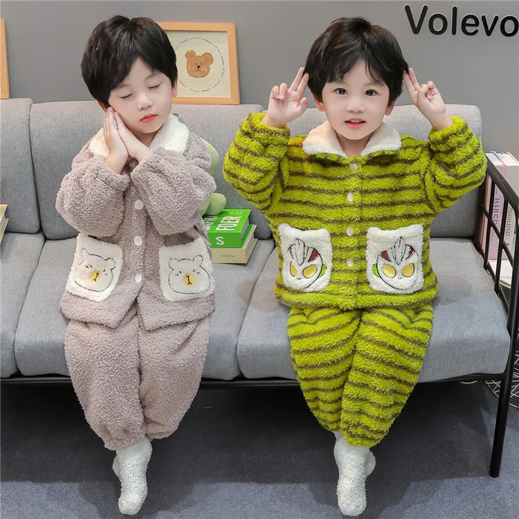 男童睡衣秋冬季套装男孩2025新款珊瑚绒儿童开衫法兰绒保暖家居服