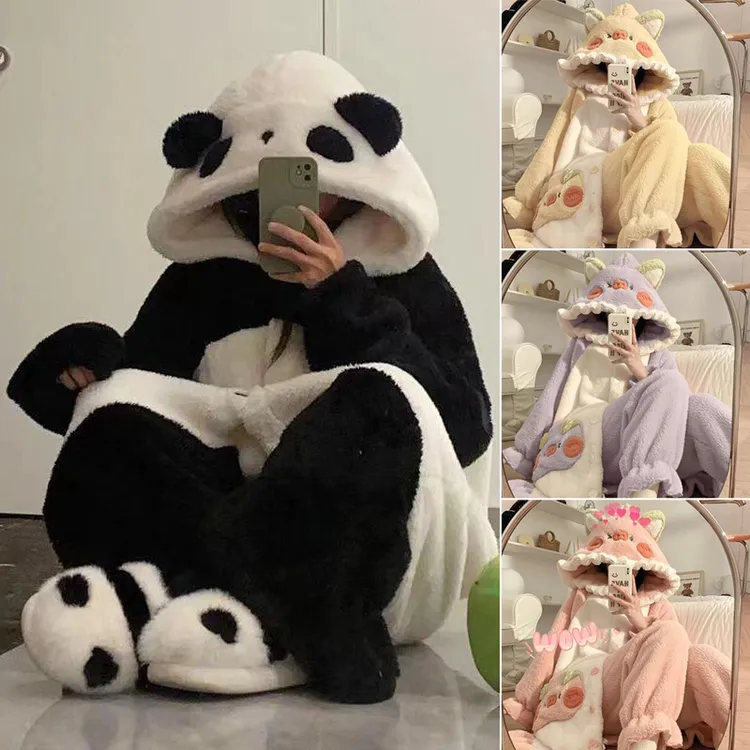 2025冬季新品珊瑚绒睡袍男女同款加厚保暖连帽睡衣套装中长款浴袍