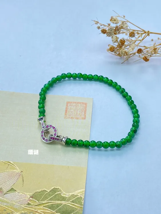 「缅谜珠宝」A货翡翠小米珠手链冰种阳绿珠串玉石圆珠单圈百搭时尚