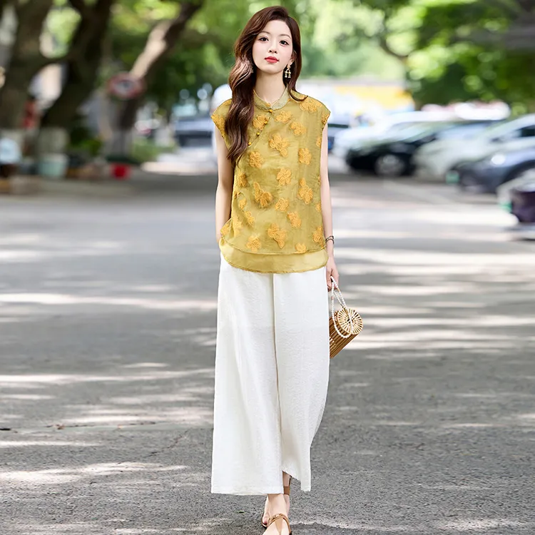 2025夏季新款时尚显瘦洋气减龄气质优雅新中式国风上衣阔腿裤套装