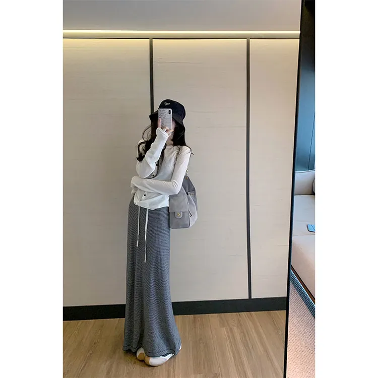 韩系INS学院风休闲百搭洋气小众长袖上衣高腰设计感格子半身裙女