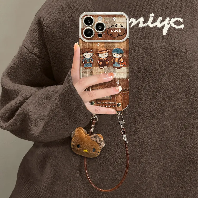 棕格子kt适用苹果17华为vivo/oppo小米iPhone16大视窗贴皮手机壳