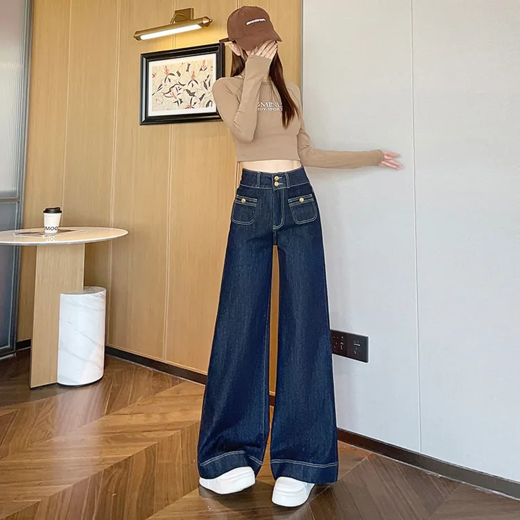 丹宁蓝高腰直筒牛仔裤女春季2025年新款时尚显瘦宽松百搭阔腿裤子