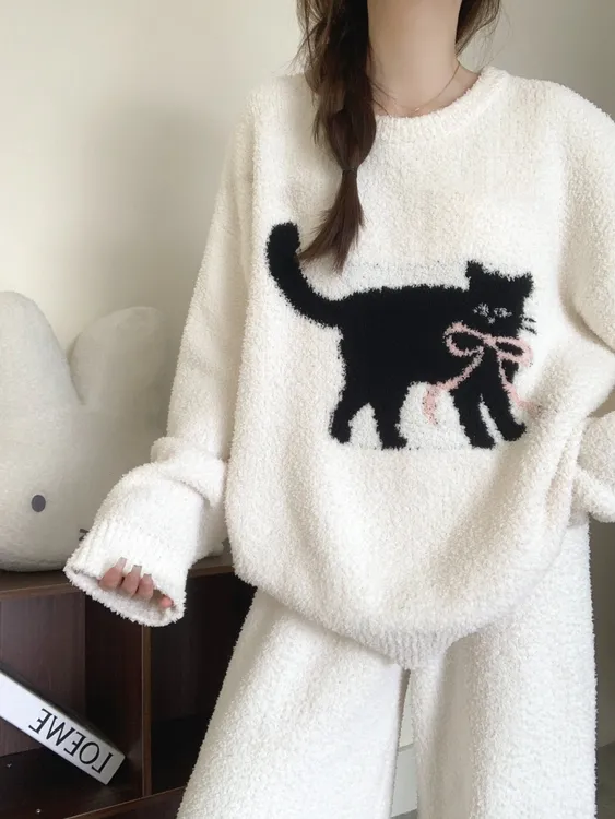 ins圆领秋冬保暖半边绒睡衣加厚套装女2025新款卡通猫咪家居服冬
