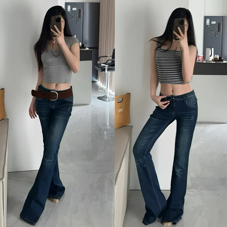美式辣妹复古刺绣低腰微喇牛仔裤女小众ins明线修身显瘦长裤子潮