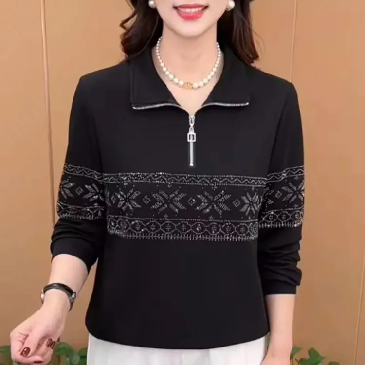 时尚翻领妈妈装秋季打底衫女2025新款洋气烫钻长袖小衫宽松上衣潮