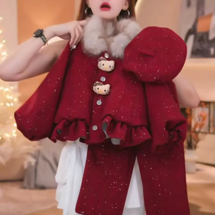 女童冬季加绒加厚年服套装2025新款女宝毛领玩偶呢子外套两件套潮