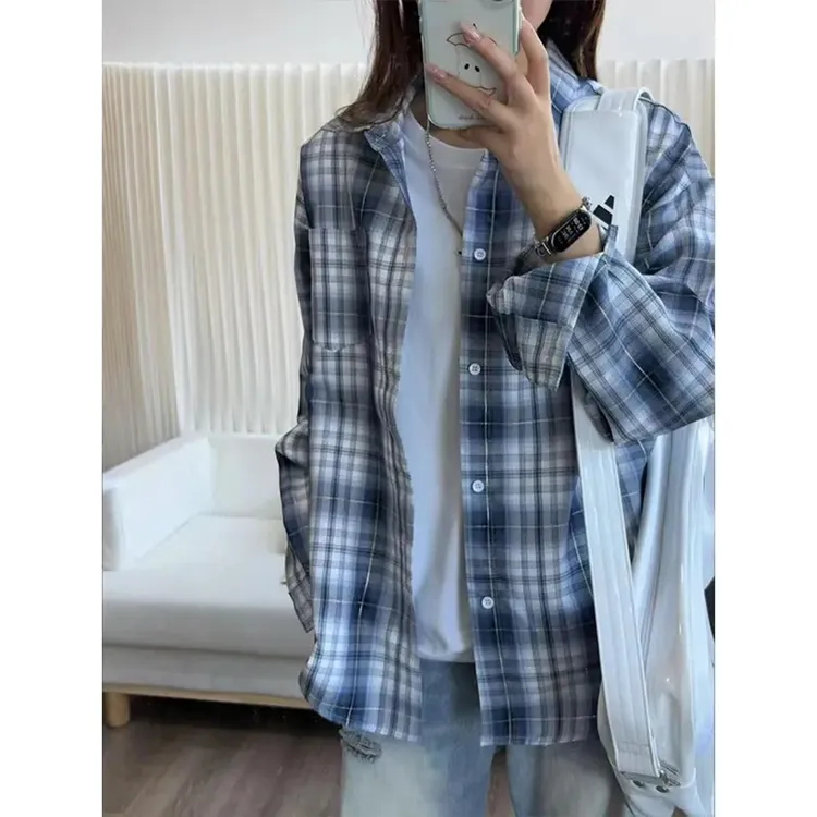 蓝白格子衬衫男女款秋季高级感ootd穿搭长袖衬衣cleanfit格纹外套