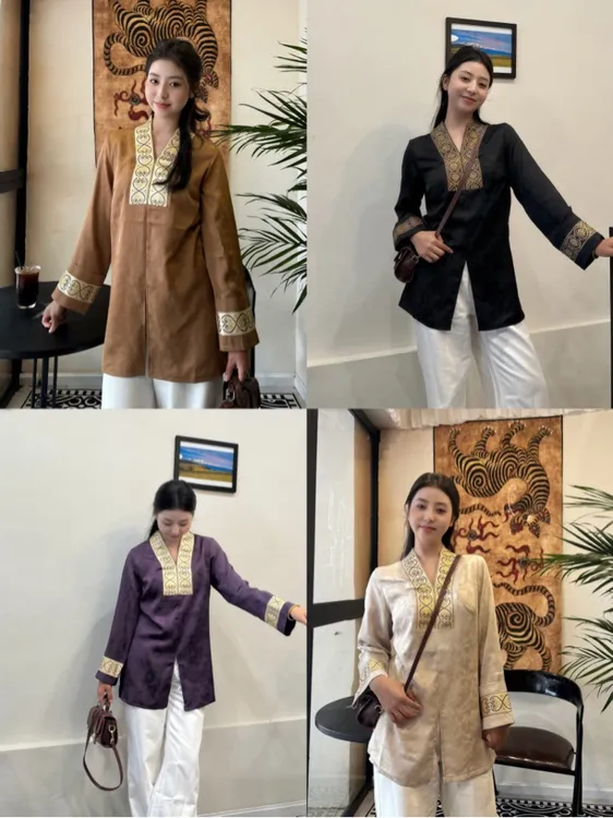民族风中长款藏式衬衫提花金边设计舒适慵懒百搭