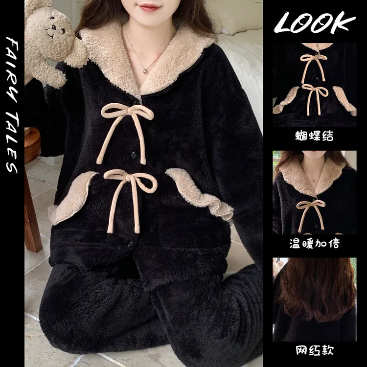 法兰绒加绒加厚珊瑚绒大码秋冬季睡衣女款爆款2025新款家居服套装