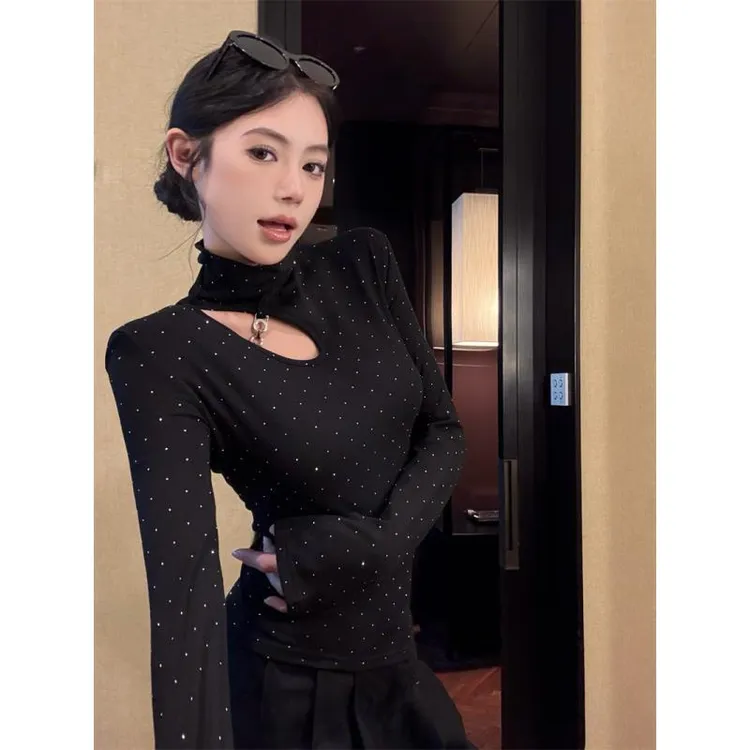 2025纯欲镂空挂脖上衣女秋冬半高领烫钻磨毛加绒打底衫内搭可外穿