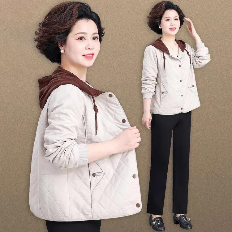 中年妈妈开春夹棉外套贵夫人洋气上衣春秋中老年人春装二棉夹克女