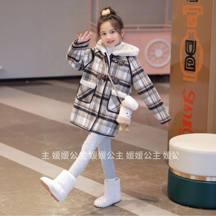 媛媛公主2025冬季女童保暖休闲格子中长款毛呢大衣外套15408R415