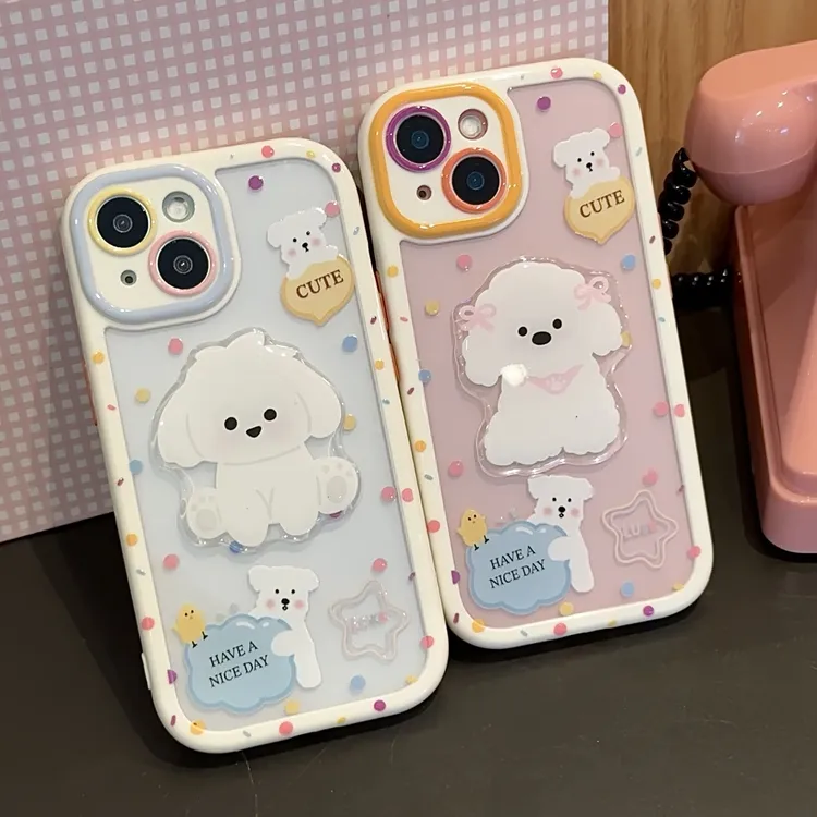 雅天立彩色波点小白狗适用苹果16手机壳iPhone华为vivo小米15oppo