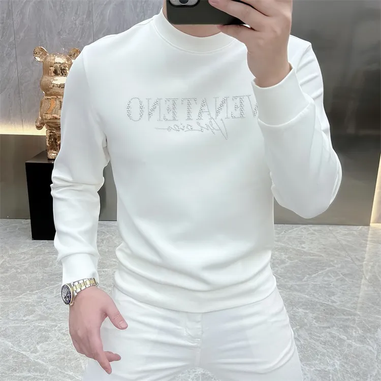 2025秋冬新款欧货时尚字母烫钻修身帅气网红圆领卫衣潮男士打底衫