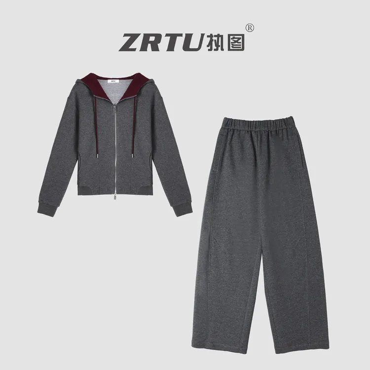 ZRTU/执图2025秋冬新款加绒撞色连帽卫衣时尚休闲阔腿卫裤套装