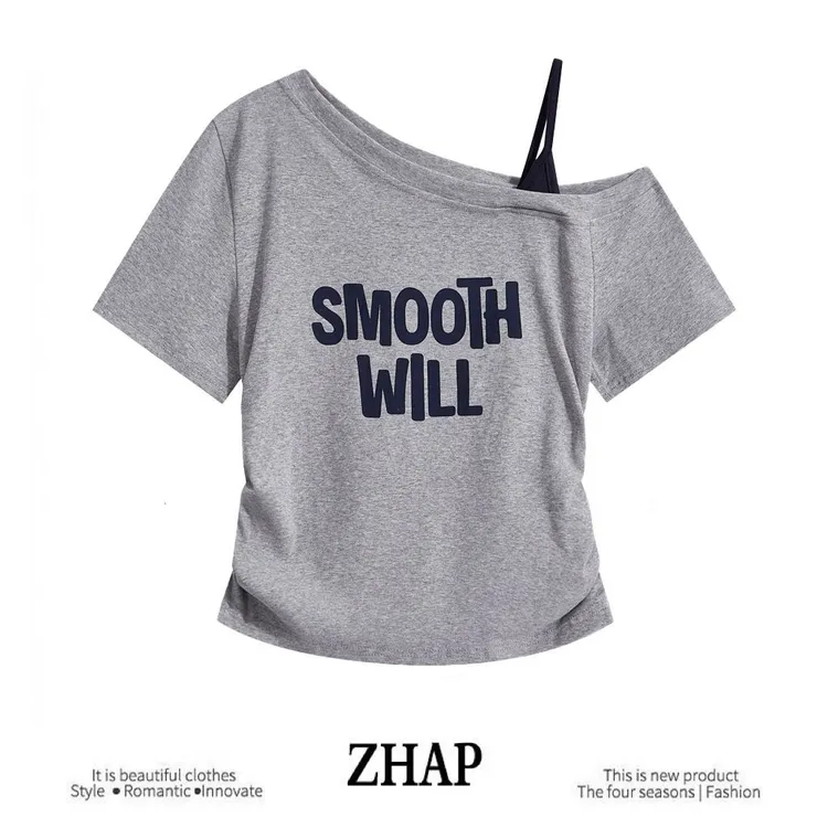 【ZHAP】新款辣妹斜肩吊带短袖t恤女夏季字母印花修身显瘦百搭上衣