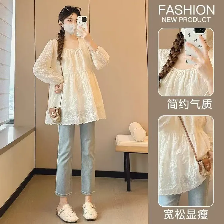 孕妇春秋款时尚洋气宽松娃娃衫衬衫中长款孕妇上衣打底衫减龄