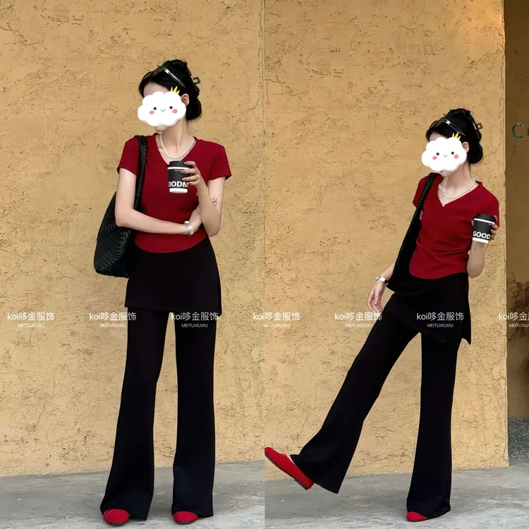 Koi 哆金春夏小腰精T恤+黑色喇叭裤遮肉显瘦显高气质套装高腰新款