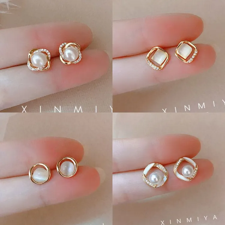 黄铜耳饰 精致螺旋珠珠耳环女复古法式小众针气质高级感耳钉