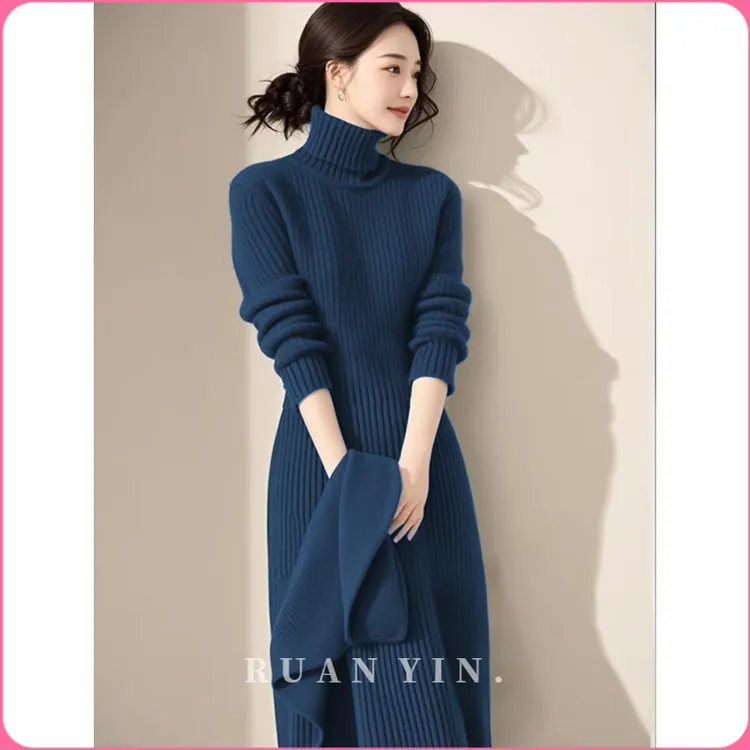 RUAN YIN蓝色高领针织连衣裙2025新女性秋季高端西式独特别致长裙