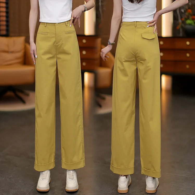 天丝棉九分直筒裤女夏季2025新款高腰宽松垂感显瘦休闲翻边阔腿裤