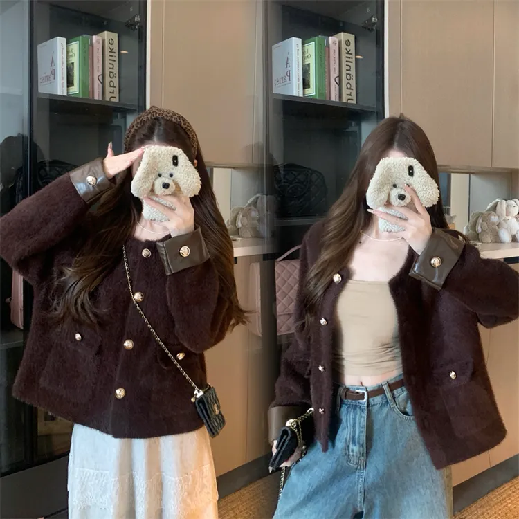 【金珠与黑驴】大码女装秋冬胖妹妹新款咖色穿搭气质小香风外套高级感拼接开衫