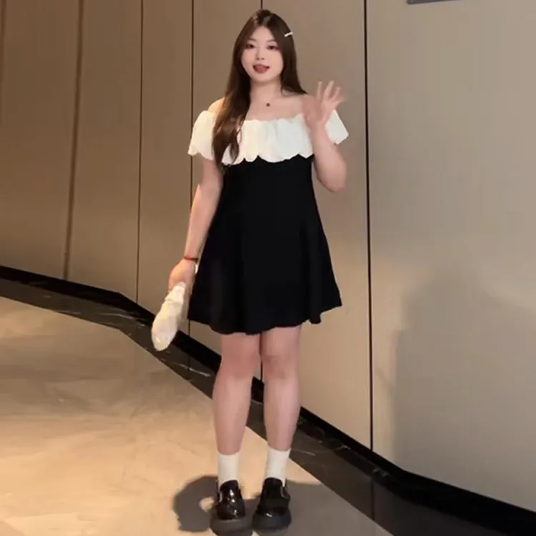 大码修身性感生日小礼服裙夏季胖mm千金风荷叶领一字肩连衣裙显瘦