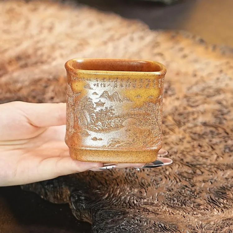 宜兴紫砂茶具 原矿段泥泥料刻绘山水花鸟四方杯品茗杯