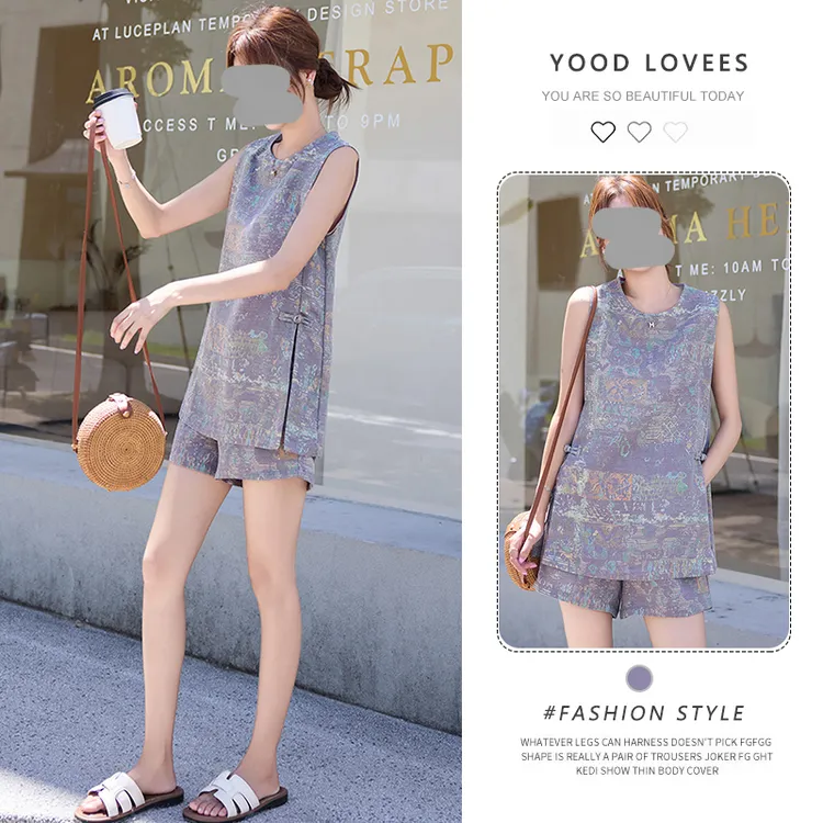 时尚复古气质印花盘扣无袖背心套装女2025夏季新款休闲短裤两件套