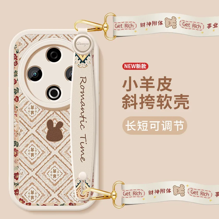 创意小兔vivoy500手机壳新款VIVO斜挎腕带小羊皮硅胶挂绳保护套女