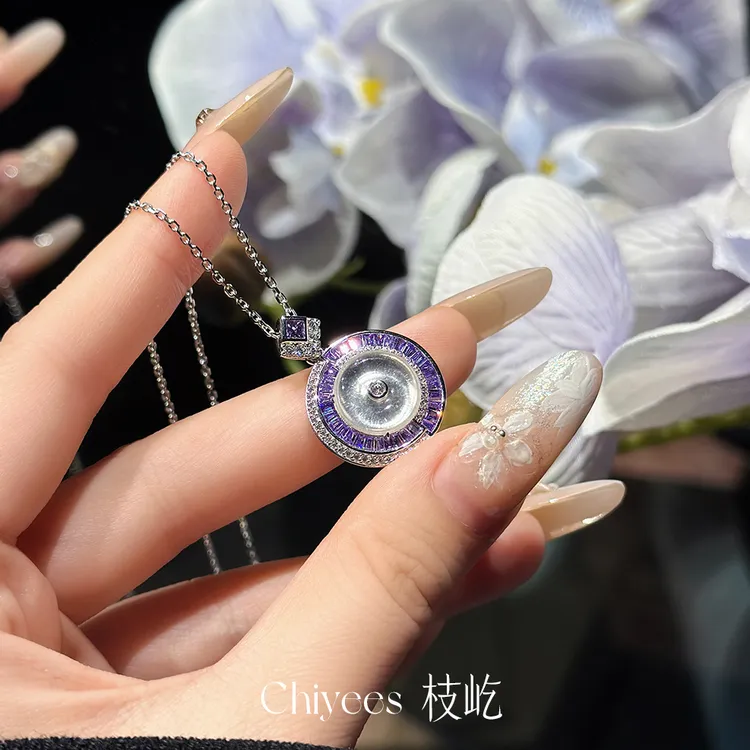 坠链均925银合成锆石 【紫霞映月】新中式丨水沫子无事牌紫钻银项链