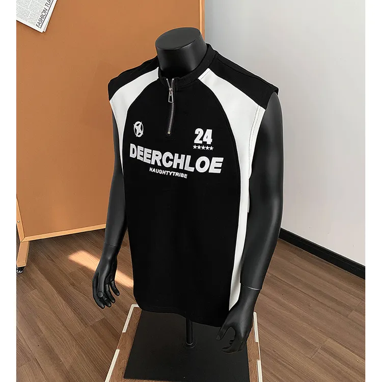 黑白拼接无袖背心男款夏季半拉链美式复古球衣风t恤重磅运动坎肩