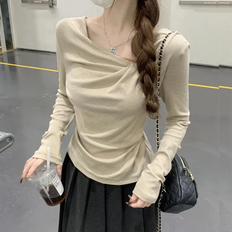 气质法式纯欲风荡领长袖T恤女2025春秋不规则设计感百搭修身上衣
