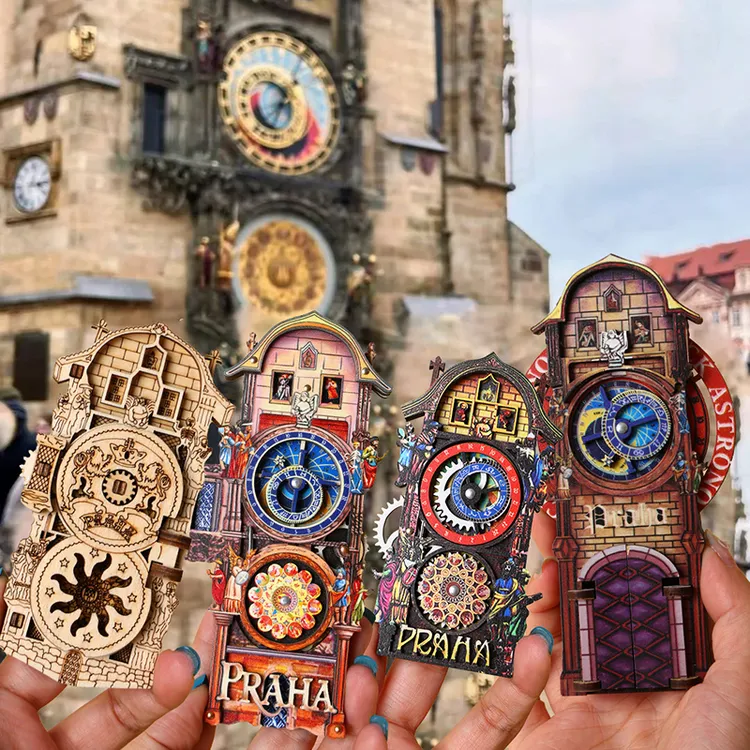 澳门同款捷克布拉格广场天文钟冰箱贴木质三转旅游纪念品伴手礼物