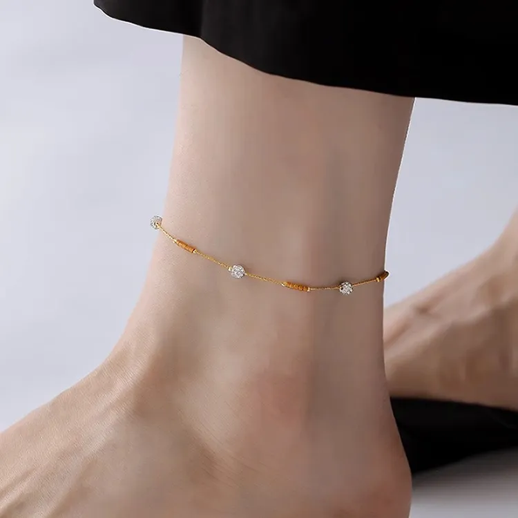 钛钢脚链 设计感锆石圆珠脚链女小众轻奢彩色串珠拼接不掉色足链 